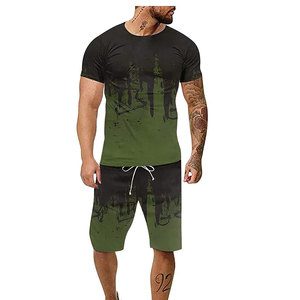 Vente en gros Ensemble de vêtements de sport d'été en coton pour hommes T-shirt et short de sport imprimés personnalisés Survêtement 2 pièces T-shirt en tricot pour hommes - Product Image 1