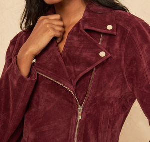 Burgundy <b>Suede</b> Leather <b>Jacket</b> Stand Collar Short Sleeve Casual Slim Fit Autumn Wear - Product Image 3