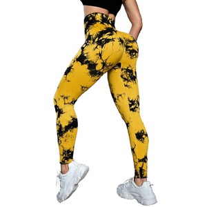 Pantalones de Yoga de cintura alta para mujer, venta al por mayor, mallas de nailon Spandex de seda tejidas sin costuras, función de realce con diseño Tie-Dye - Product Image 6