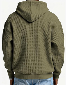 Sudadera con capucha de hombre con cremallera de un cuarto, 100% algodón, tejido gofrado, corte holgado, informal, manga larga, con bolsillos, transpirable - Product Image 3