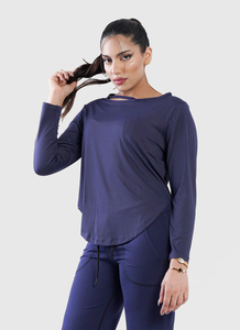 Camiseta informal de tendencia superior para mujer, camiseta azul holgada de manga larga con cuello redondo para mujer - Product Image 5