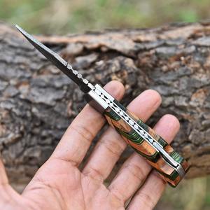 Offre Spéciale personnalisé fait à la main en acier damas couteau de poche pliant en cuir manche en bois beaux couteaux de Camping en plein air Support OEM - Product Image 2
