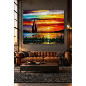 Impression sur toile de voilier Fida et de roseaux au coucher de soleil rouge - Product Image 3