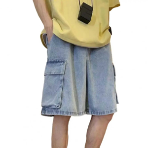 Shorts cargo en denim décontractés pour hommes de haute qualité, personnalisés, d'été, amples, confortables, élégants, écologiques, teints en uni, 100% coton - Product Image 1
