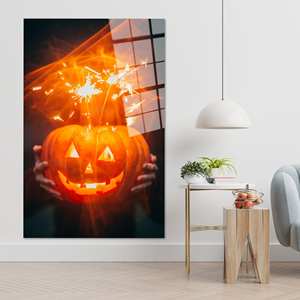 Arte de pared moderno de calabaza de Halloween: Impresión en lienzo, arte en vidrio templado - Product Image 1