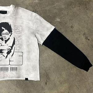 Camiseta gráfica de gran tamaño de manga larga con serigrafía Dtg personalizada, camiseta de manga larga Vintage con dobladillo de corte crudo de algodón de 300gsm para hombres - Product Image 4