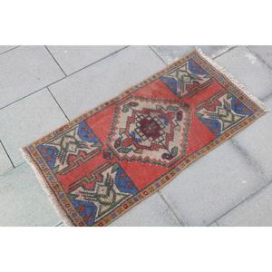 Vintage Rug 1.5x3 ft, <b>Red</b> Blue Check <b>Wool</b> Turkish Rug - Product Image 3
