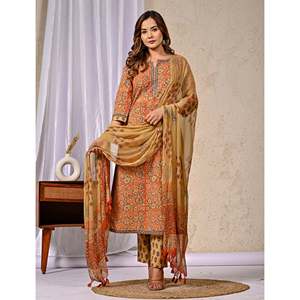 Orange Jaal Hand Drawn <b>Block</b> <b>Printed</b> Cotton Kurta Pant Set Heavy Net Indian Pakistani for Daily Wear Parties Ethnic Occasions - Product Image 6