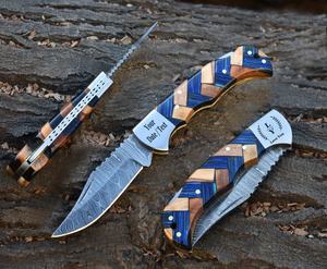 Couteau pliant de survie en plein air de qualité industrielle en acier inoxydable Damas personnalisable, manche en bois, OEM, camping, chasse - Product Image 1