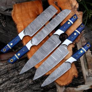 Ensemble de couteaux de chef en acier damas fait main sur mesure |   Couteaux de cuisine professionnels écologiques ambidextres avec manche en bois bleu |   OEM - Product Image 2