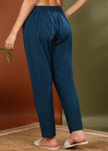 Pantalon en coton slub bleu sarcelle respirant pour femmes avec poche pratique, coupe régulière, pour le travail, les voyages, le quotidien - Product Image 2