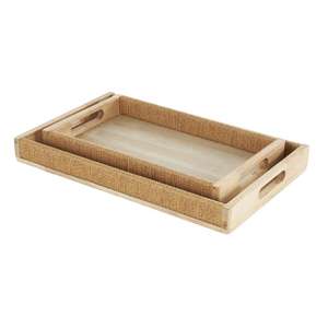 High Quality <b>Light</b> Brown Wood Handmade Serving Tray with Wrapped <b>Rope</b> Edges Slit Handles Set of 2 19\" 16\"W Wholesale Price - Product Image 3