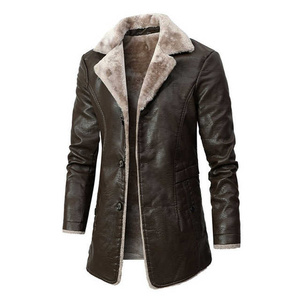 Chaqueta de cuero PU larga y gruesa de invierno para hombre, ropa de calle, abrigo de negocios informal, prendas de vestir exteriores cálidas con bolsillos, chaquetas de cuero Mes elegantes - Product Image 1