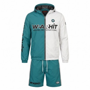 Windbreaker Set <b>Men</b> Hooded Zip Up Two Tone Nylon Racing <b>Jacket</b> and Shorts <b>Reflective</b> Teal White Custom Logo OEM - Product Image 1