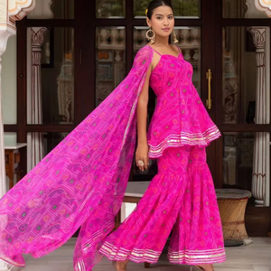 Algodón Casual GULABI GALIYAN PINK BANDHEJ GEORGETTE SHARARA SET GORGETTE DUPATTA Hollow Sharara Set - Product Image 1