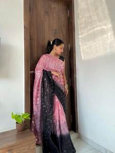 Sari Georgette de color rosa con trabajo de bordado de secuencia Diseñador Función DE BODA Usar Sari, Ropa de fiesta Sari, Traje de diseñador - Product Image 4