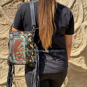 High Quality Hair on Metallic Hand Tooled Leather Fringe Crossbody Bag for Women Custom Genuine Cowhide Leather Shoulder <b>Handbag</b> - Product Image 2