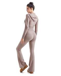 Ensemble de vêtements pour femmes, sweat à capuche en tricot personnalisé avec fermeture éclair, pull sexy à manches longues, pantalon évasé taille haute décontracté - Product Image 4