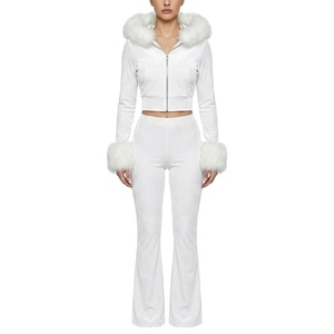 Ensemble de survêtement en velours 2 pièces pour femme, le plus vendu, avec veste à capuche en fourrure, sweat à capuche court à manches longues et pantalon de survêtement - Product Image 3