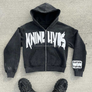 Personnalisé en détresse broderie Patch Applique pull 500GSM français éponge surdimensionné fermeture éclair lavage à l'acide sweats à capuche thermiques - Product Image 1