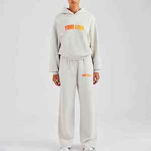 Survêtement élégant pour femme en polyester/coton, sur mesure, vente en gros, gris uni, ample, sans cordon, épaules tombantes, dentelle d'hiver - Product Image 1