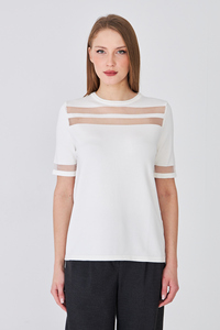 Blusa de manga corta con cuello redondo y patchwork de malla para mujer - Product Image 5