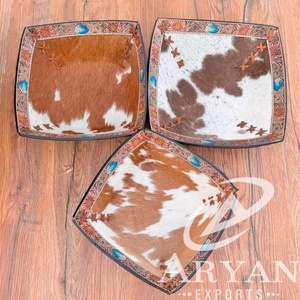 Genuine Hair on Cowhide Tooled Leather Bowl 3 <b>Sets</b> Western Tray Floral Leather Whipstitch Bowl Luxurious Valet Tray Wedding Gift - Product Image 1