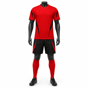Conjunto de Uniforme de Fútbol Personalizado Rojo y Negro para Hombre, Cuello en V, Manga Corta, Sublimado, Absorbente de Humedad, 100% Poliéster, Corte Atlético - Product Image 1
