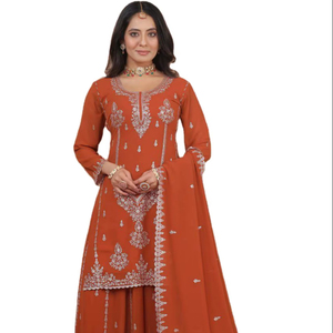 Faux Georgette <b>Silk</b> <b>Fabric</b> Glitter Sequences Embroidery Reversible Moisture Wicking Work S-XXL Size Top Sharara Dupatta Set - Product Image 1