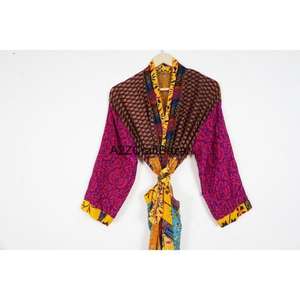 Bata Bohemia de Lujo Hecha a Mano para Mujer, 100% Seda, con Parches, Cuello en V, Cordón Ajustable, Manga Tres Cuartos, Tejida y Suave - Product Image 6