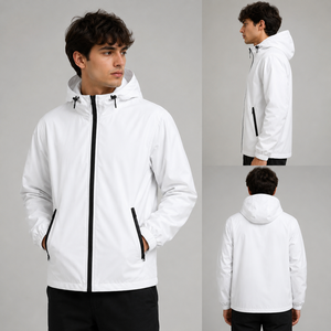 <b>Men's</b> <b>White</b> Hooded Canvas Puffer Jacket Breathable Windproof Zipper Closure Casual Spring <b>Coat</b> Polyester Filling OEM Service - Product Image 6