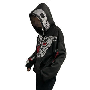 Custom Own Logo Hoodies Full Face Zip Up Rhinestone Skeleton Over Size Winter Fashion Wear Hoody con logotipo personalizado impreso - Product Image 4