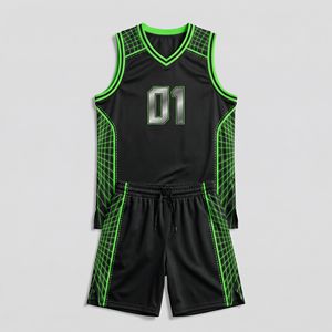 Mens basketball jersey set with breathable <b>mesh</b> fabric, sleeveless <b>top</b> & shorts neon <b>green</b> accents, quick dry, custom uniforms - Product Image 1