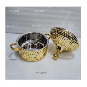 Cazuela de acero inoxidable de color plateado con perillas de latón, utensilios de cocina de forma redonda, olla caliente para servir en la India - Product Image 5