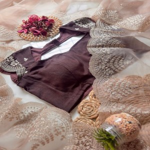 Thiết Kế Organza Mô <span class=keywords><strong>Saree</strong></span> Trong Màu Be Cà Phê Bóng Râm Với Nặng Coading Pallu Thêu Thêu Banglori Lụa Áo - Product Image 4