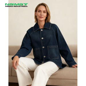 Veste de travail en coton indigo foncé pour femmes, coupe ample minimaliste, vêtements d'extérieur avec manches raglan, décoration en cristal, veste en jean décontractée - Product Image 2