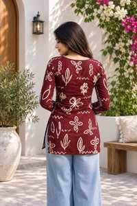 <b>Maroon</b> White Leaf Print Long Sleeve Square Neck <b>Top</b> Casual Loose Fit Square Neck Rayon All Seasons Wear Short Kurti for Women - Product Image 2