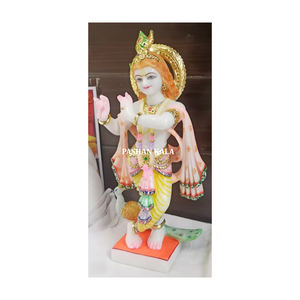 Fabrication indienne Exclusive Unique Sculpture Krishna en marbre blanc avec paon de super finition et poli pour la décoration intérieure - Product Image 1