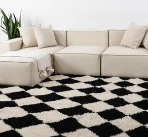 Karpet bidang Boho Berber kotak-kotak hitam dan putih lembut karpet area Wool Maroko kustom persegi panjang OEM
