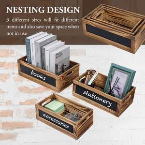 Caja Rectangular de anidación de madera quemada rústica, soportes de exhibición de pasteles con etiquetas de pizarra, elevadores de madera apilables para servir postres - Product Image 2