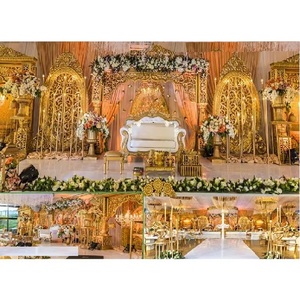 Gloriosa decoración de escenario dorado de Bollywood para recepción de boda india elegante diseño de escenario temático Srilankan para grandes bodas - Product Image 1