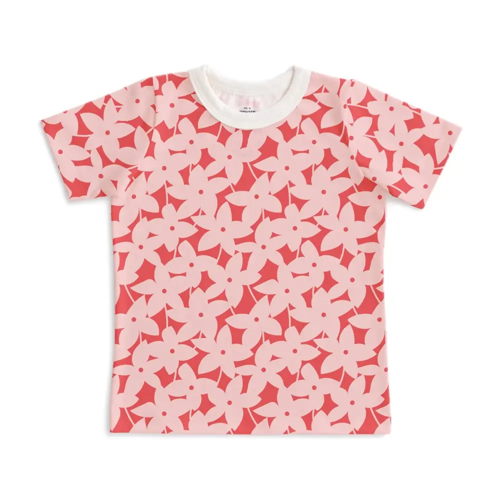 เสื้อยืดแขนสั้นลายดอกไม้สีชมพูสำหรับเด็ก,เสื้อยืดพิมพ์หน้าจอแบบกำหนดเองเสื้อยืด DTG DTF สำหรับเด็กวัยหัดเดิน