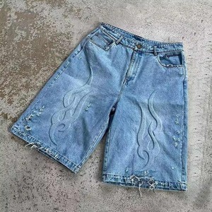 Custom 3D Embossed Logo Raw Hem Oversized Denim Jorts Vintage Wash Heavy Weight Splatters Vintage <b>Jeans</b> <b>Shorts</b> - Product Image 1