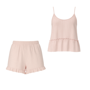 ชุดนอนผู้หญิงขายส่ง ชุดนอนผ้าริบเนื้อนุ่ม แต่งระบายชายเสื้อ สายเดี่ยว กางเกงขาสั้น ชุดนอนน้ำหนักเบา ชุดลำลอง ผลิตจากโรงงาน - Product Image 1