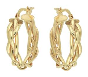 Pendientes de Aro Estilo Trenzado de Alta Calidad al por Mayor, Amarillos, Cuatro Tubos, 15mm, Chapados en Oro de 18K, Plata de Ley 925 - Product Image 2