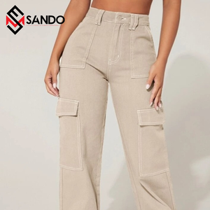 ขายส่งกางเกงคาร์โก้เอวสูงสตรีผ้าฝ้าย 100% สไตล์ลําลองสไตล์สตรีพร้อมกระเป๋าลายทึบเสื้อผ้าสุภาพสตรี - Product Image 4