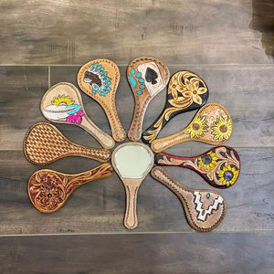 Recién llegado, espejo de mano de cuero mecanizado, espejo de mano de maquillaje de cuero genuino occidental, espejo Vintage personalizado, regalo para ella - Product Image 4