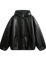 Veste d'hiver décontractée pour homme, mode coréenne, courte, surdimensionnée, en cuir PU noir avec capuche, fermeture éclair, douce, chaude, vêtements amples