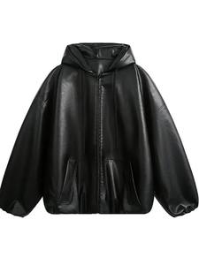 Veste d'hiver décontractée pour homme, mode coréenne, courte, surdimensionnée, en cuir PU noir avec capuche, fermeture éclair, douce, chaude, vêtements amples - Product Image 5