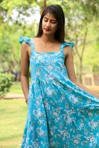 เดรสพิมพ์ลายเสื้ออินเดียเดรสยาวผ้าฝ้ายอินเดียปรับสายรัดแขนกุด - Product Image 3